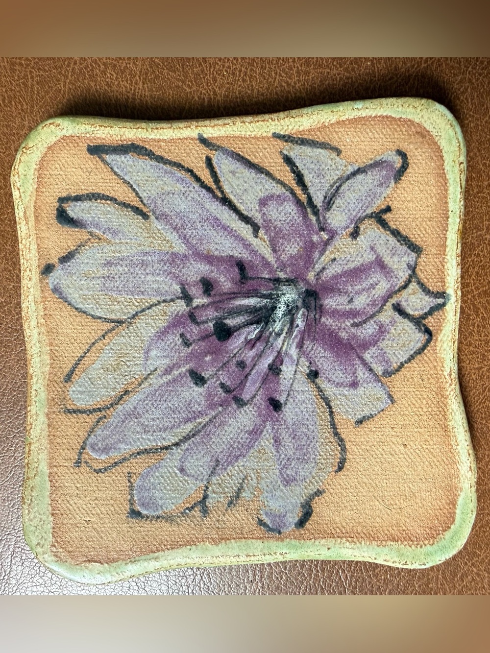 Vintage Handmade Pottery Trivet Spoon Rest Hand Painted Floral Purple Unique
